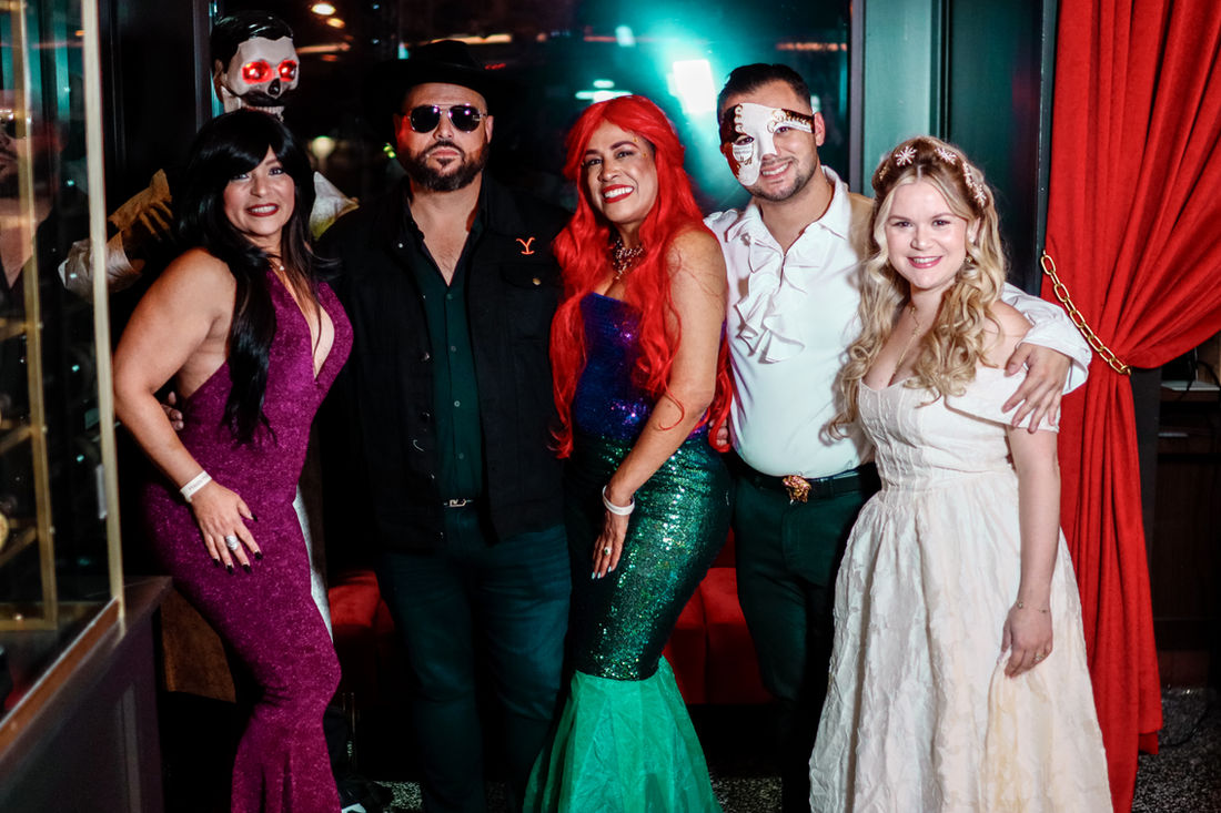 Party guests in festive attire