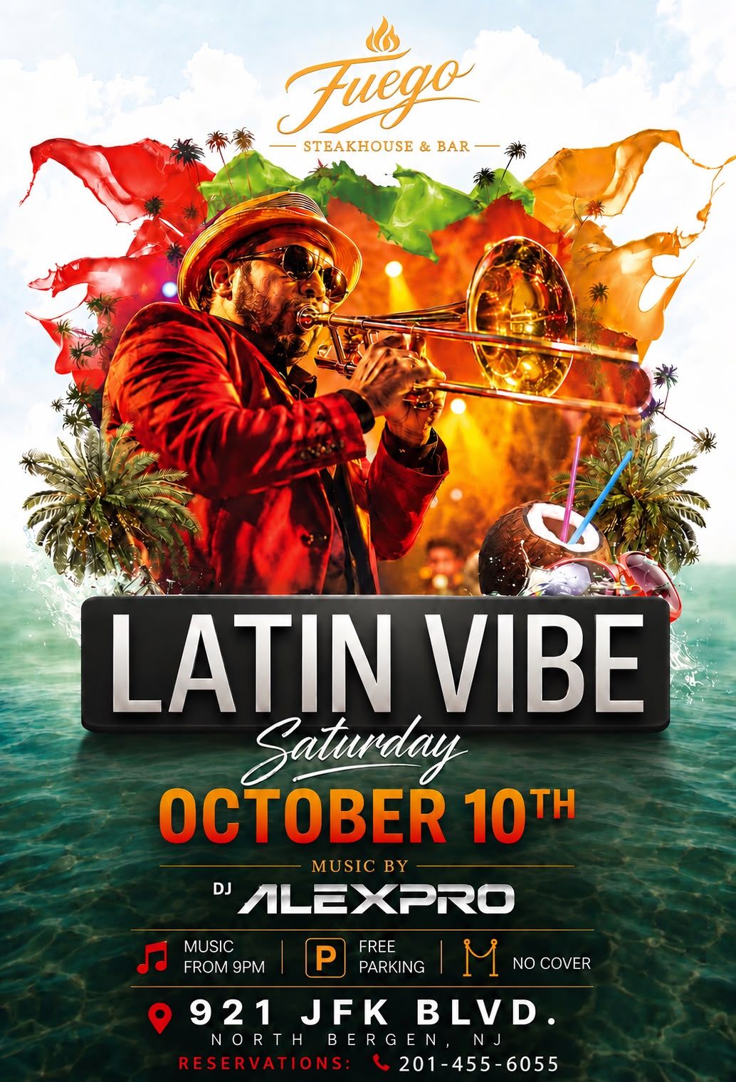 Latin Vibe Saturday — Saturday October 10th, music by DJ AlexPro. Music from 9 PM, free parking, no cover. 921 JFK Blvd, North Bergen, NJ. Reservations: 201-455-6055.